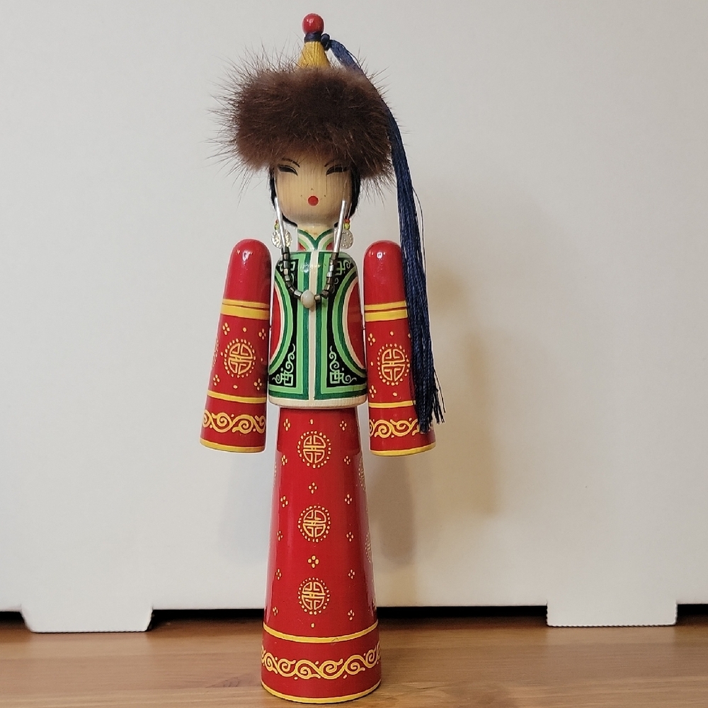 Mongolian - Asian Wooden Doll Traditional Dress With Fur And Bead Accents